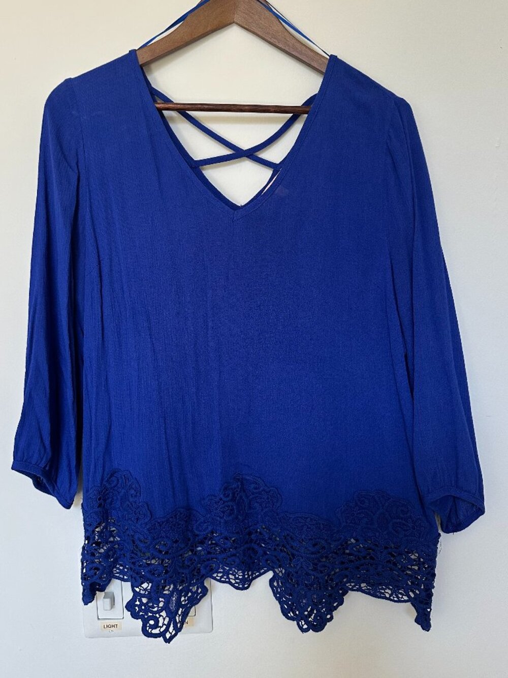 Skies Are Blue Royal Blue Lace Hem 3/4 Sleeve Top with Criss Cross Back Size L
